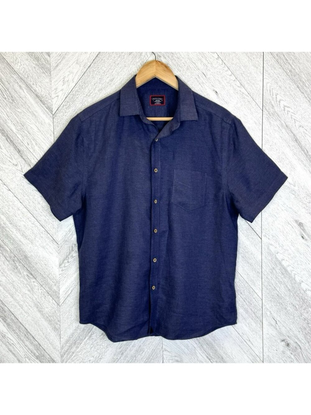 UNTUCKit Cameron Navy Blue Short Sleeve Shirt 100% Linen Mens Size Medium